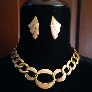 Vintage Enameled Pink & Gold Necklace & Earrings Set by Napier